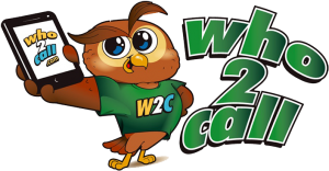 Cartoon owl with "who 2 call" text.