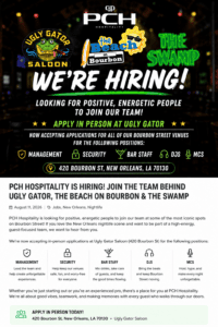 PCH Hospitality hiring for management, security, bar staff, DJs and MCs at Bourbon Street venues in New Orleans